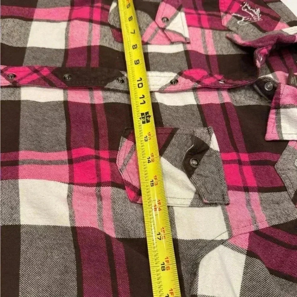 Bit & Bridle women’s snap down plaid shirt pink, brown & white size large - Picture 8 of 10
